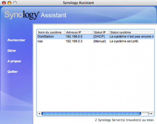 L'assistant affiche les NAS Synology présents sur le réseau.