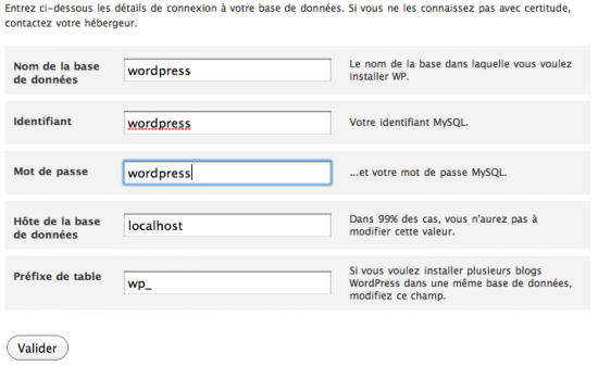 2eme étape : on renseigne les informations pour la base de données